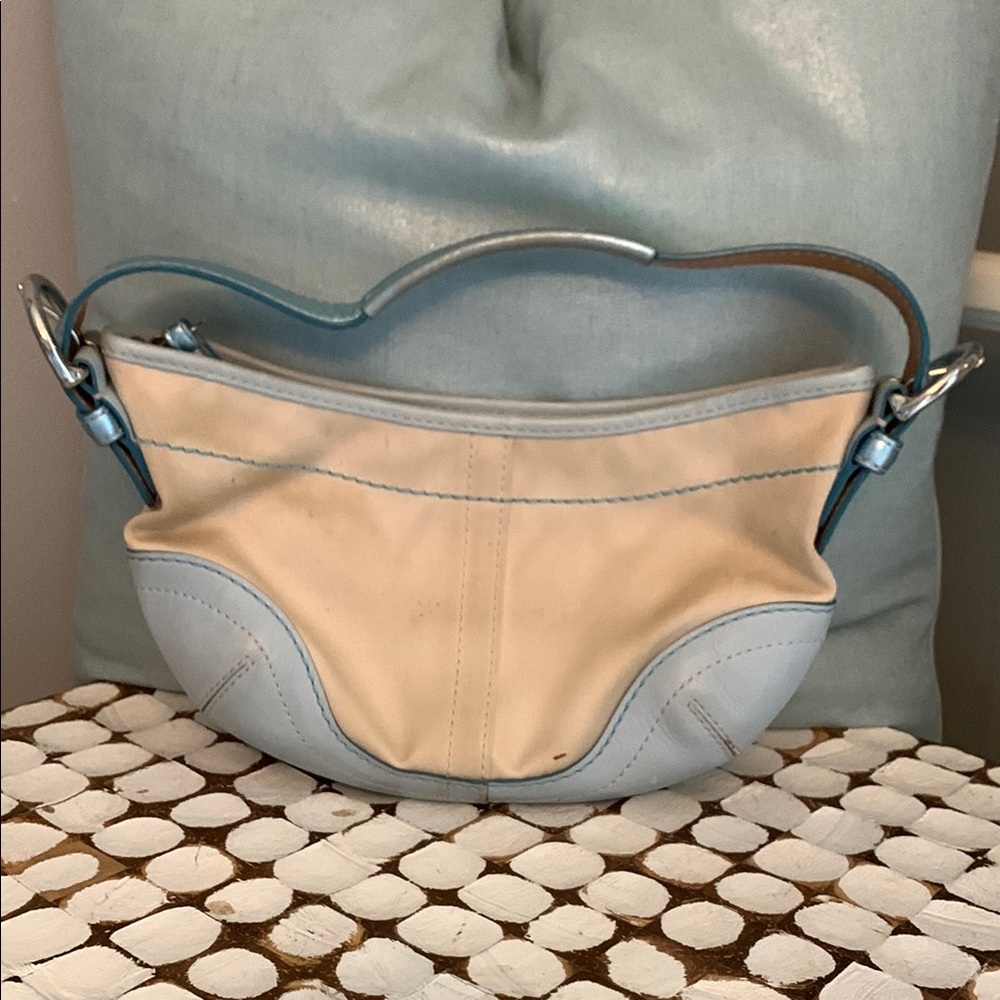 Used Coach Cream and Blue Shoulder Bag with Hobo Silhouette